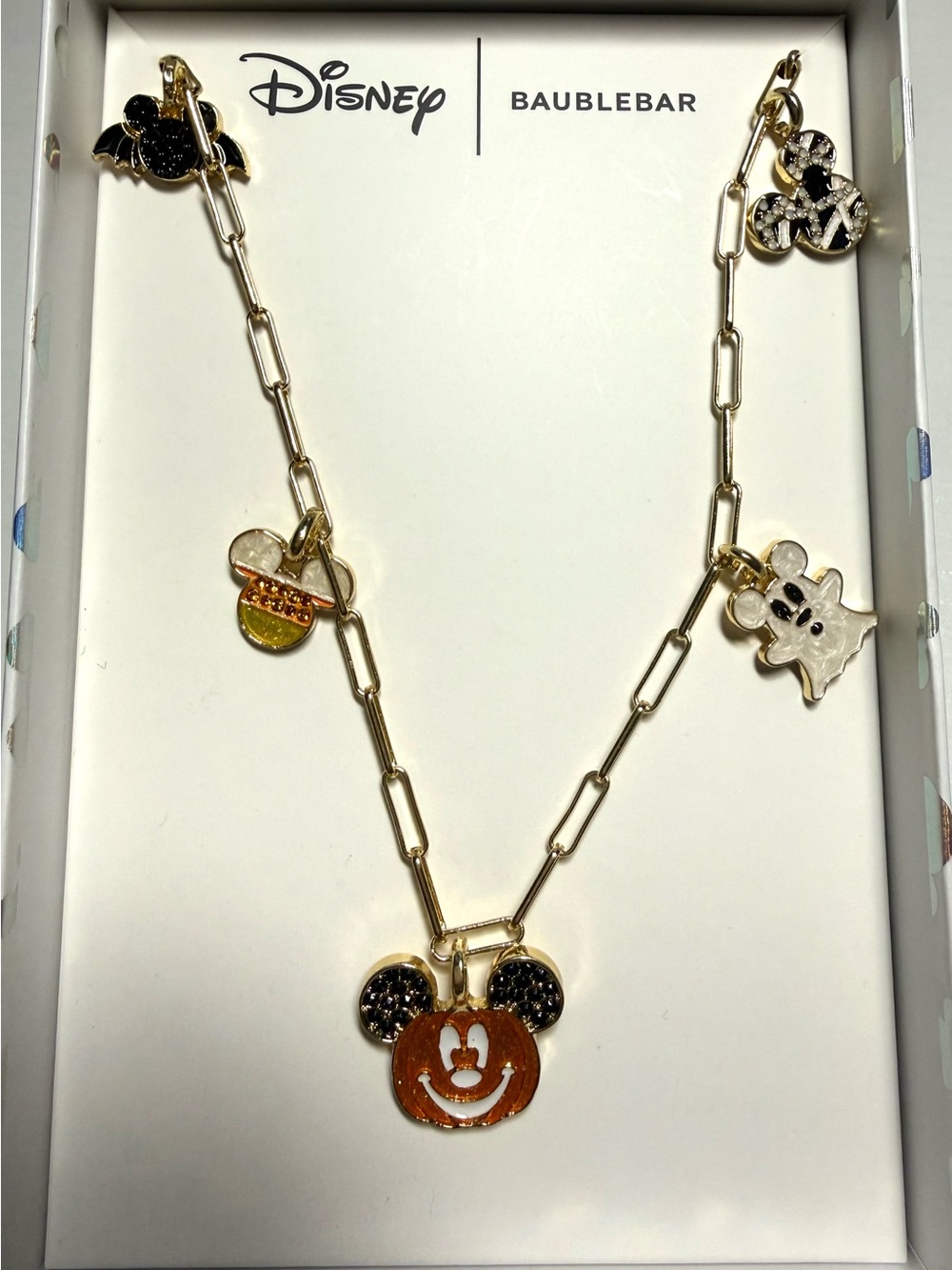 BaubleBar Gold-tone Multicharm Mickey Necklace with Orange Pumpkin Pendant